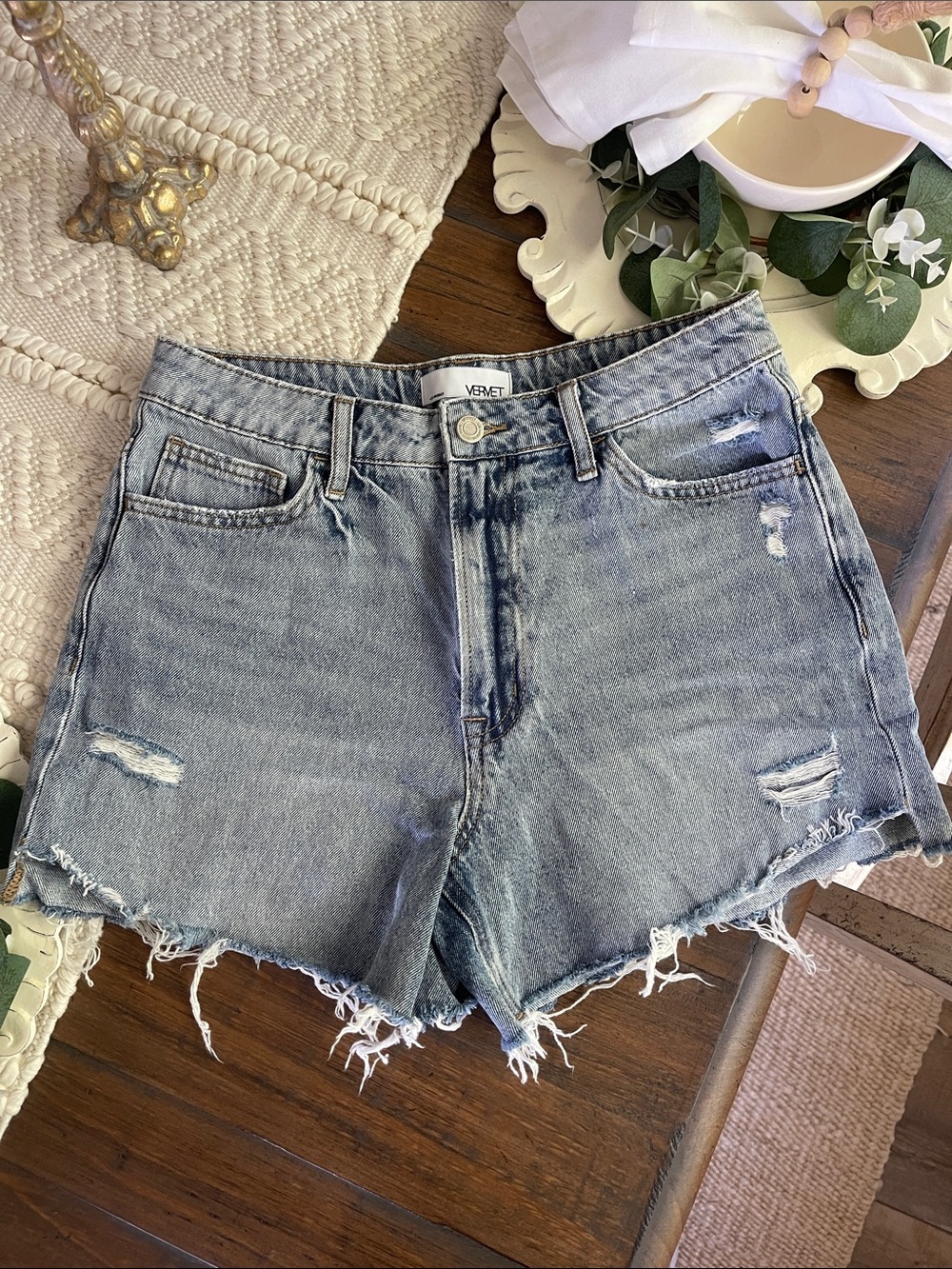 VERVET BY FLYING MONKEY Light Wash Distressed Denim Shorts
